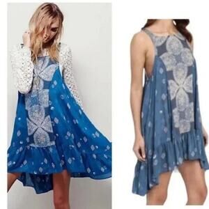 Free People Blue Slip Mini Dress Sleeveless Swing Style Boho High-Low Size S